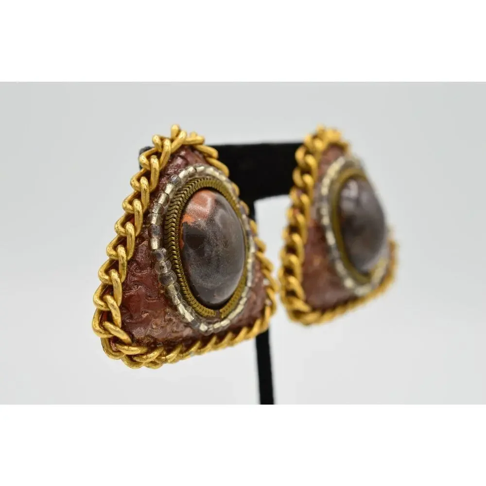 Vintage Clip On Earrings Faux Leather Wooden Bead Gold Chain Chunky 1980s 9L